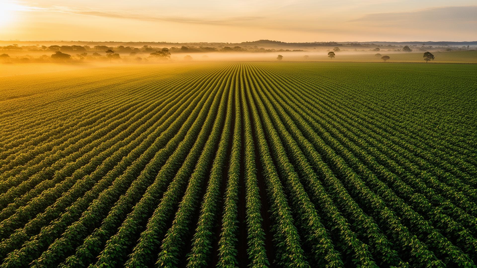 Lavoura brasileira com drone agrícola pulverizando ao amanhecer